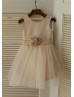 Tan Linen Tulle Flower Girl Dress With Flower Sash